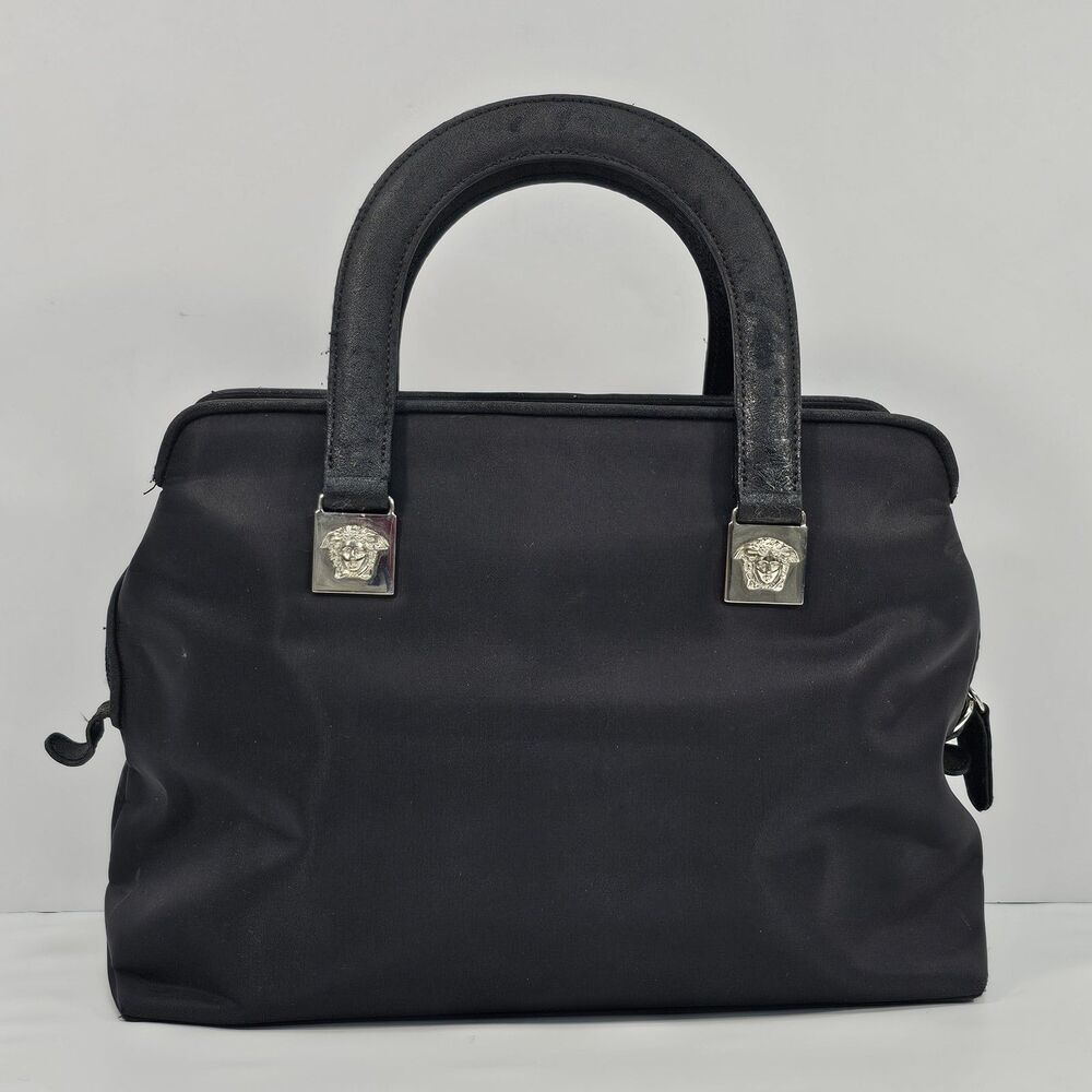Vintage Gianni Versace Black Nylon Medusa Top Handle Bag Silver Hardware Satchel